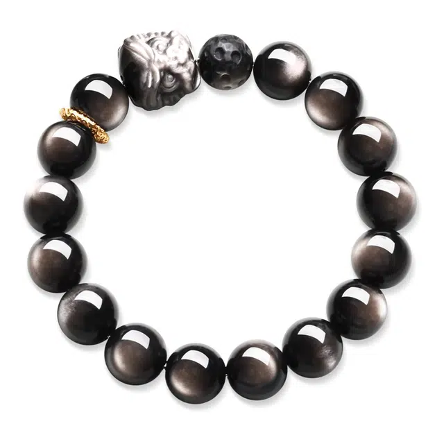 谧月珠宝 国潮醒狮多宝多福八方来财新中式招财纳福时尚大气简约复古通勤日常百搭转运礼盒轻奢风好运天然 黑曜石 手串 男女同款情侣款