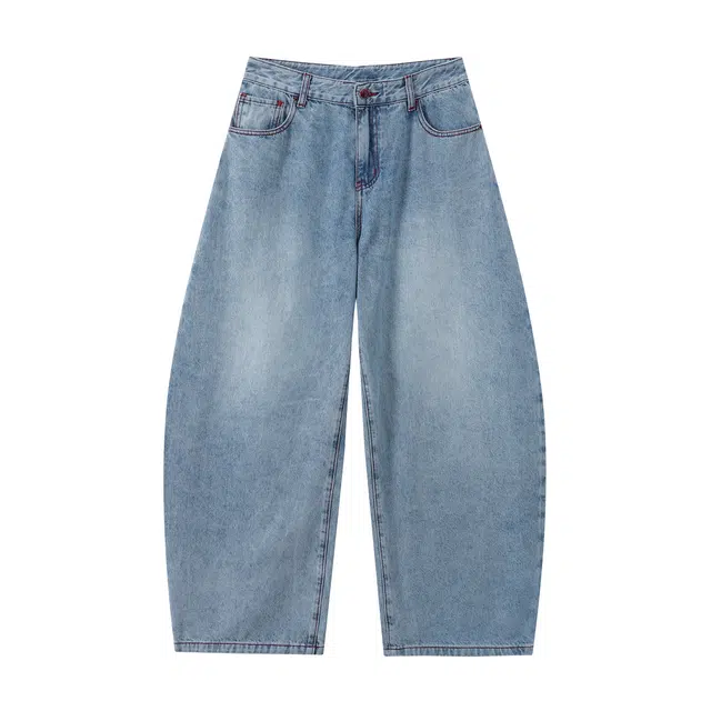 江南先生 复古重磅斜纹撞色口袋印绣花弯刀宽松百搭街头校园休闲裤子牛仔裤 男女同款