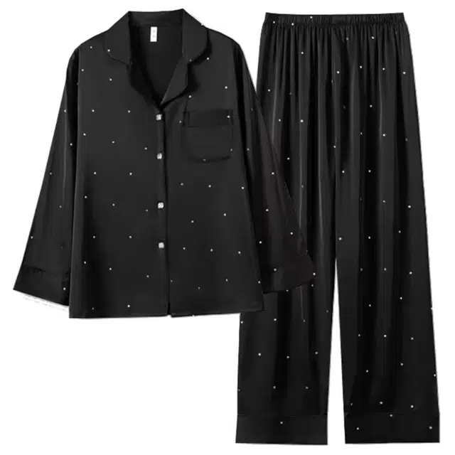 俏韵 翻领春秋季冰雪丝简约圆点长袖长裤甜美休闲舒适薄款家居服可外穿 睡衣套装 女款