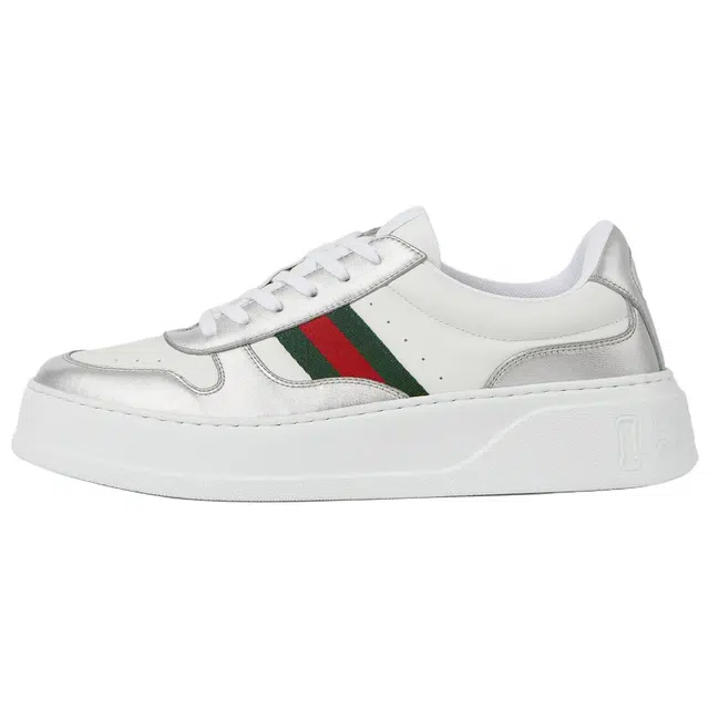 Gucci Leather Round Toe Low Top Sneakers Silver