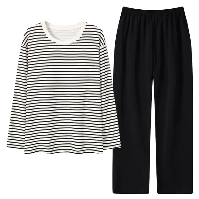 俏佳人 纯棉基础圆领套头条纹休闲宽松舒适亲肤透气长袖长裤可外穿家居服睡衣套装 女款