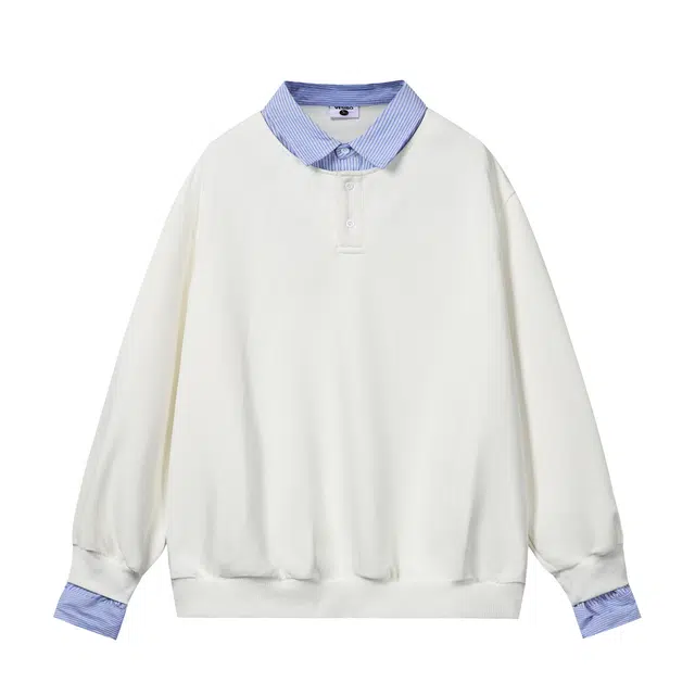 孜讯 美式复古学院风简约纯色基础款假两件条纹潮牌套头上衣百搭宽松亲肤舒适日常通勤休闲长袖卫衣 男女同款