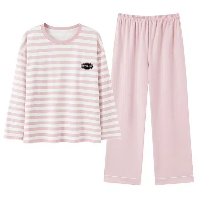 俏佳人 纯棉圆领套头基础条纹休闲宽松舒适亲肤透气长袖长裤可外穿家居服睡衣套装 女款