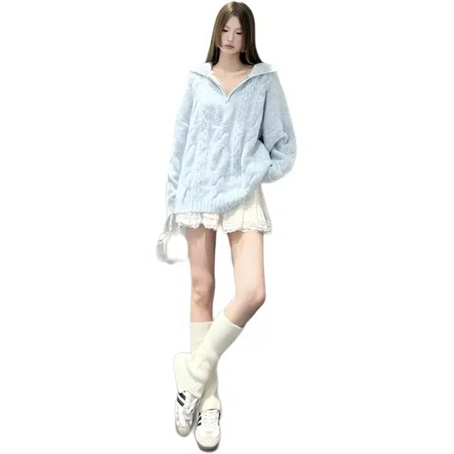 敲模女孩 慵懒学院风设计感翻领软糯宽松针织衫 女款