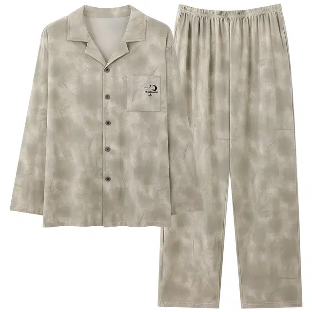 俏霓桐 时尚韩式简约翻领宽松纯棉亲肤休闲高级感舒适长袖长裤家居服可外穿睡衣套装 男款