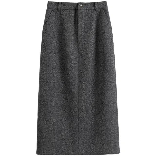 她池 纯色高腰后开叉简约通勤风直筒休闲长裙 女款