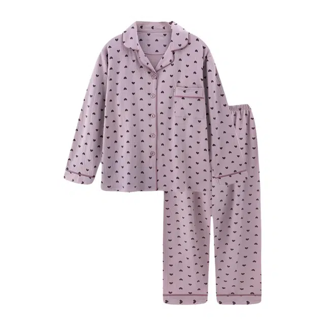 泡泡陷阱 爱心满印柔软舒适简约亲肤翻领设计休闲家居服长袖长裤睡衣套装 女款