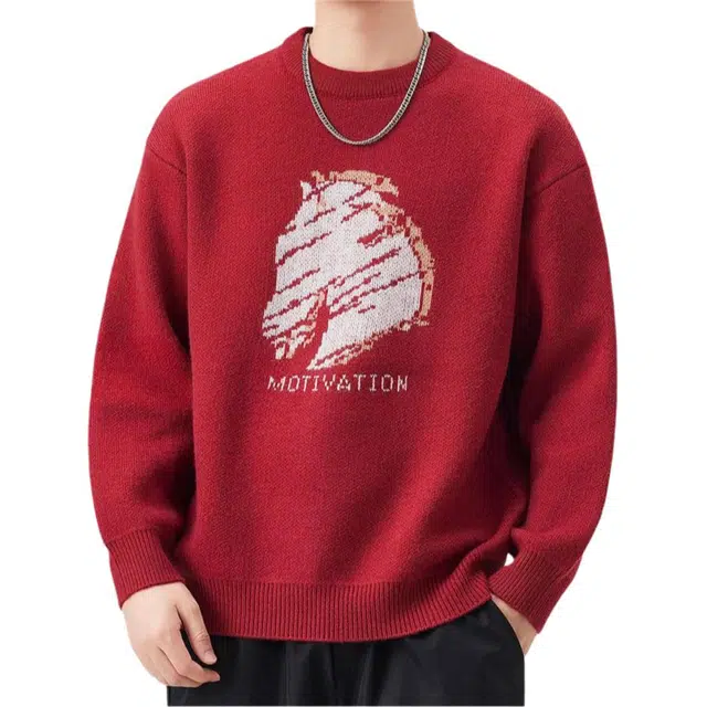 潮人榜 美式高街秋冬季圆领提花设计感潮牌重磅宽松落肩百搭休闲针织衫 男女同款