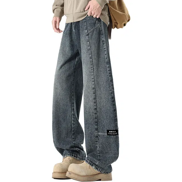 多线条分割拼接赫赫良衣 美式复古痞帅高街少年感水洗做旧扎染阔腿长裤休闲宽松舒适运动显高显瘦小众高级感学院风韩系潮牌牛仔裤 男女同款