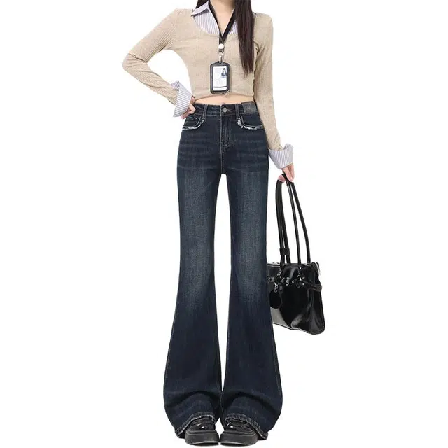 如续 美式复古蓝辣妹高腰毛边口袋设计马蹄拖地牛仔裤 女款