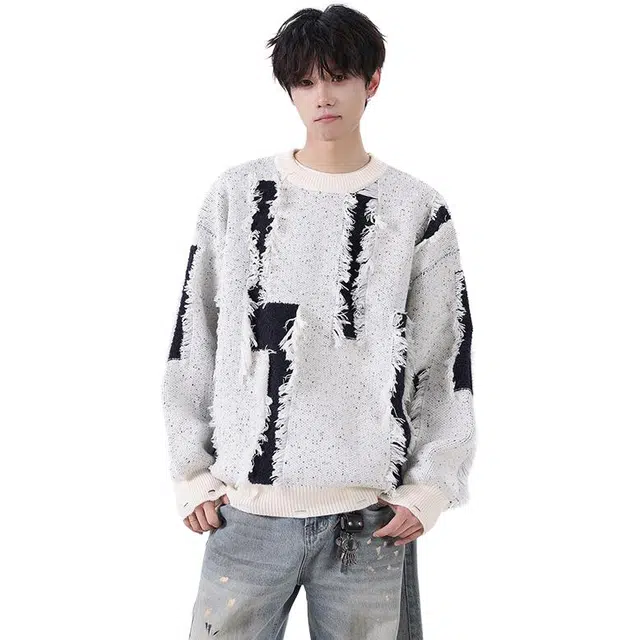 冈哉 日系文艺毛边上衣不规则毛绒感宽松版型随性慵懒松弛风潮搭垂感氛围感少年感外穿春秋款针织衫 男女同款