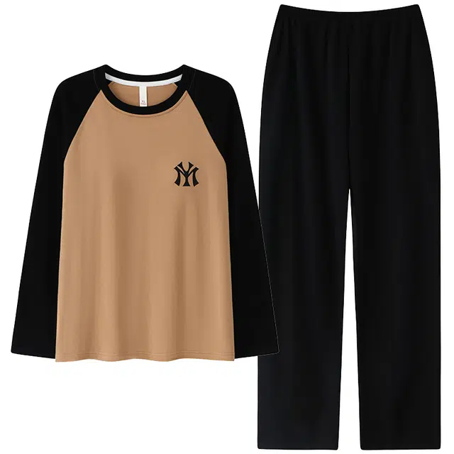 俏佳人 纯棉基础圆领套头拼色休闲宽松舒适亲肤透气长袖长裤可外穿家居服睡衣套装 女款