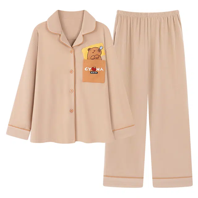 俏霓桐 秋冬季甜美可爱卡通保暖德绒蓄温翻领开衫双口袋休闲简约长袖长裤家居服可外穿睡衣套装 女款