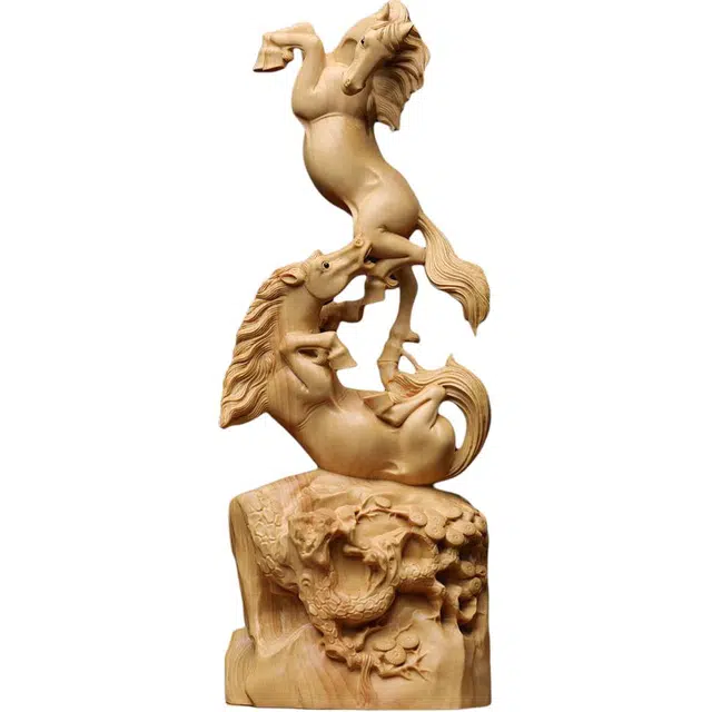 得笙陌 木雕金戈铁马踏马飞舞双马到成功家居玄关办公装饰工艺品 黄杨木 摆件 男女同款情侣款