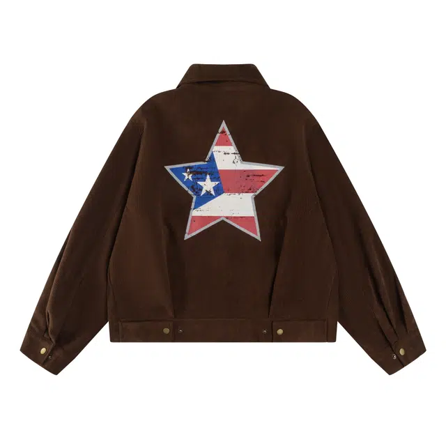 奇迹街区 美式街头旗帜星星印花外套上衣宽松工装痞帅嘻哈高街百搭潮流翻领做旧飞行员时尚情侣国潮夹克 男女同款