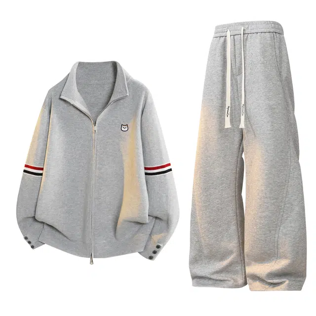 吾皇猫 美式复古潮牌高级感双拉链开衫外套撞色条纹宽松百搭纯色直筒阔腿裤舒适休闲运动套装 男女同款