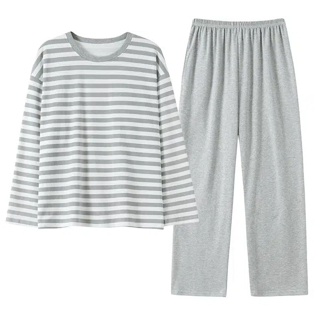 俏佳人 纯棉圆领套头条纹休闲宽松舒适亲肤透气长袖长裤可外穿家居服睡衣套装 女款