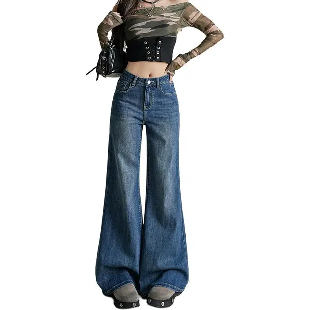 如续 美式宽松直筒微喇小个子弹力阔腿拖地牛仔裤 女款