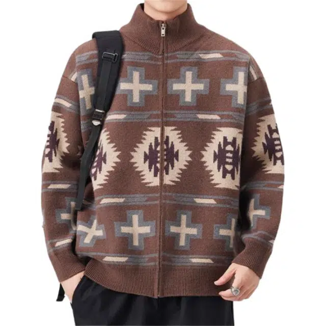 潮人榜 美式高街拉链开衫提花日系复古百搭毛线衣秋冬季情侣外套宽松休闲垂感落肩立领针织衫 男女同款