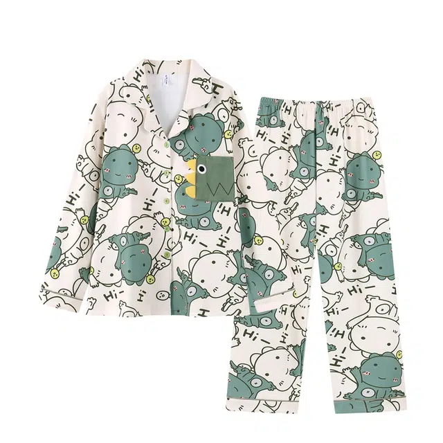 俏韵 翻领卡通小恐龙秋冬季德绒保暖长袖长裤甜美印花可爱舒适家居服可外穿睡衣套装 男女同款