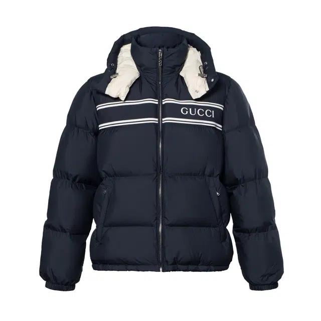 GUCCI FW24 Striped Print Detachable Hood Down Jacket Navy Blue