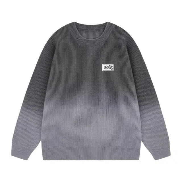 吾皇猫 美式复古高街简约基础款学院风圆领套头上衣潮流潮牌长袖贴布渐变休闲宽松时尚百搭痞帅慵懒风秋冬款针织衫 男女同款