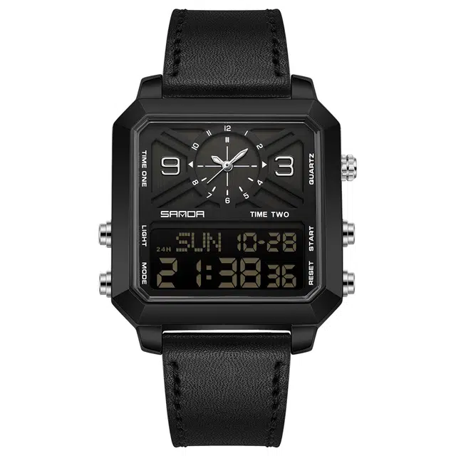 三达 时尚复古方块商务腕表 电子+石英机芯 皮带表带 国表 男表 彩色表盘