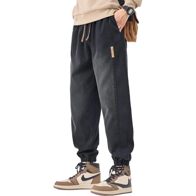 协协乐 高街机能风美式复古做旧水洗春秋季宽松哈伦九分裤潮牌青少年痞帅弹力抽绳休闲长裤牛仔裤 男款