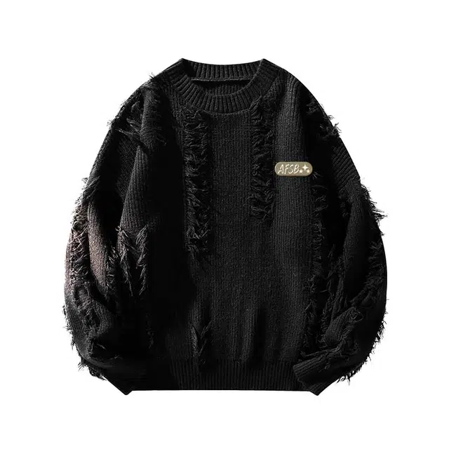 艾梵斯贝 美式复古纯色高级感简约基础款法式慵懒风韩版老钱风日常休闲时尚百搭春秋内搭设计感圆领毛边针织衫 男女同款