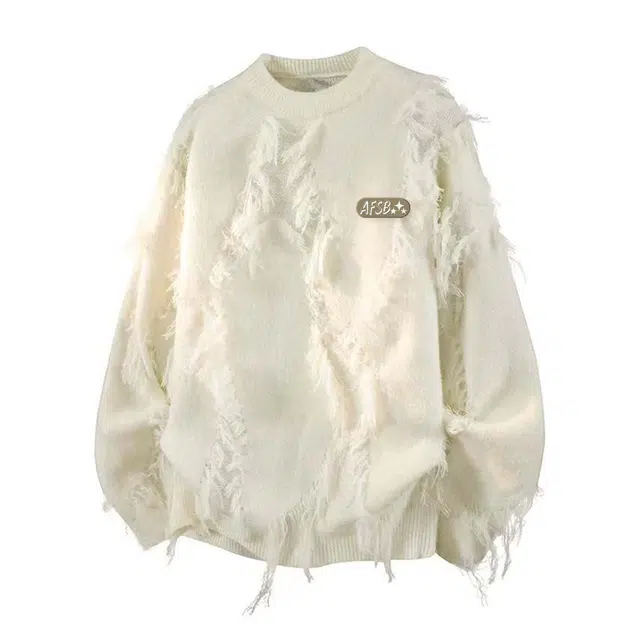 艾梵斯贝 美式高街暗黑复古风立体字母印花不规则破坏毛絮嘻哈街头痞帅百搭上衣休闲宽松潮牌打底保暖情侣款针织衫 男女同款