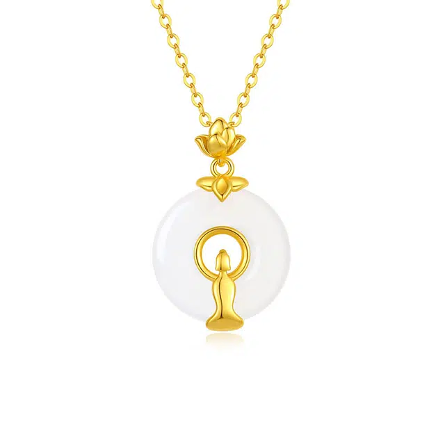 金大福 佛佑莲心平安扣吊坠 新中式国潮复古国风 轻奢高级感 吉祥如意 好运莲莲小众设计百搭禅意纯银锁骨链 配礼盒#好运 玉髓 项链 女款