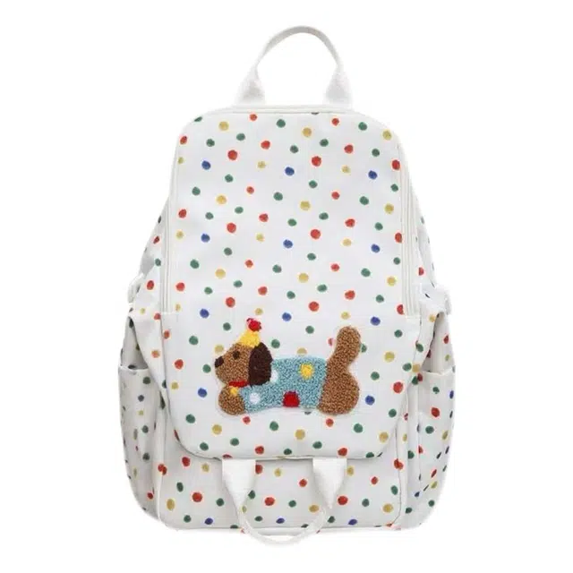 單倉 高颜值可爱波点腊肠狗设计通勤百搭学院风背包初高中学生大容量轻便耐磨书包 尼龙 双肩包 常规 女款 白色/浅黄色/黑色