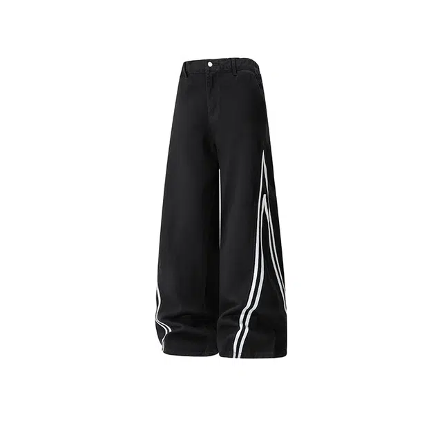 加荣 美式条纹牛仔裤男秋季高街水洗阔腿弯刀裤子潮牌痞帅青少年帅气男装潮流宽松休闲复古男款直筒长裤 男女同款