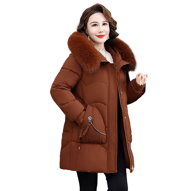 雅鹿 中老年加厚保暖外套狐狸毛领中长款羽绒服 女款