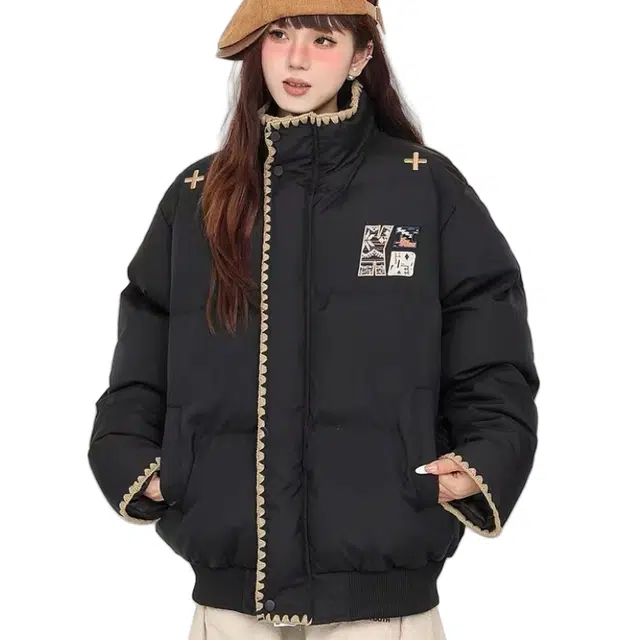棉基因 潮流美式撞色编织重工刺绣小众设计面包服宽松情侣款学院风保暖防寒加厚立领棉衣外套舒适百搭棉服 男女同款