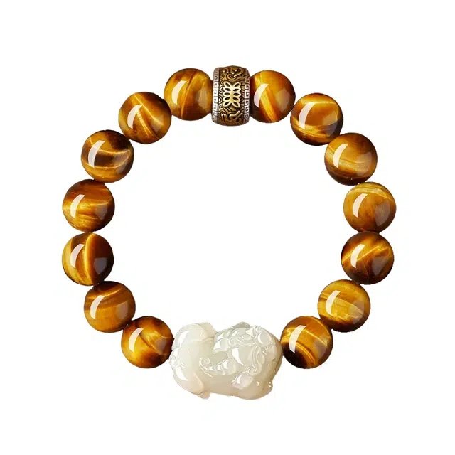 宣华意 霸气招财貔貅和田美玉手链 国风潮流时尚个性轻奢高端六字真言转运珠黄虎晴石饰品 八方来财#好运 虎眼石 手串 男款