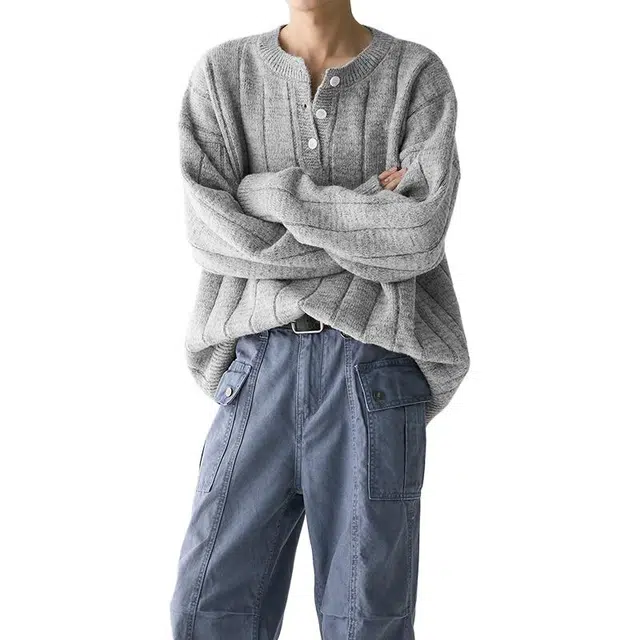 冈哉 日系复古文艺风个性竖条纹上衣宽松版型随性慵懒松弛风潮搭垂感氛围感少年感柔软舒适外穿春秋款针织衫  男女同款