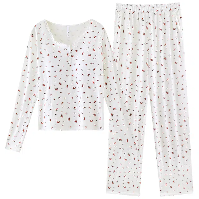 俏霓桐 甜美碎花纯棉亲肤提花清新简约休闲舒适长袖长裤家居服可外穿睡衣套装 女款