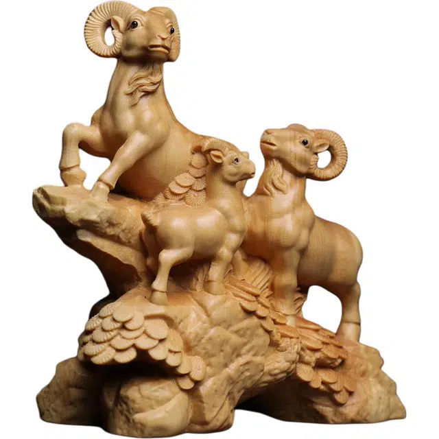 得笙陌 三阳开泰木雕工艺品家居装饰品生肖羊吉祥物#好运 黄杨木 摆件 男女同款情侣款