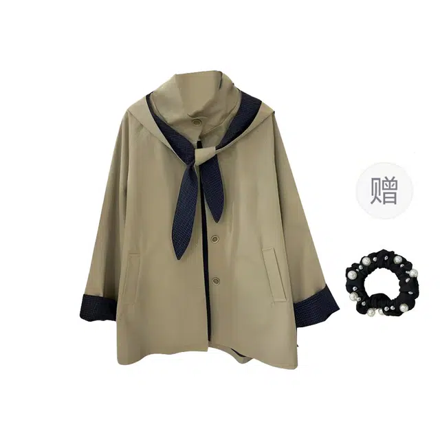 雾闪闪 撞色格子立领连帽中长款女新休闲百搭可拆卸外套风衣 女款