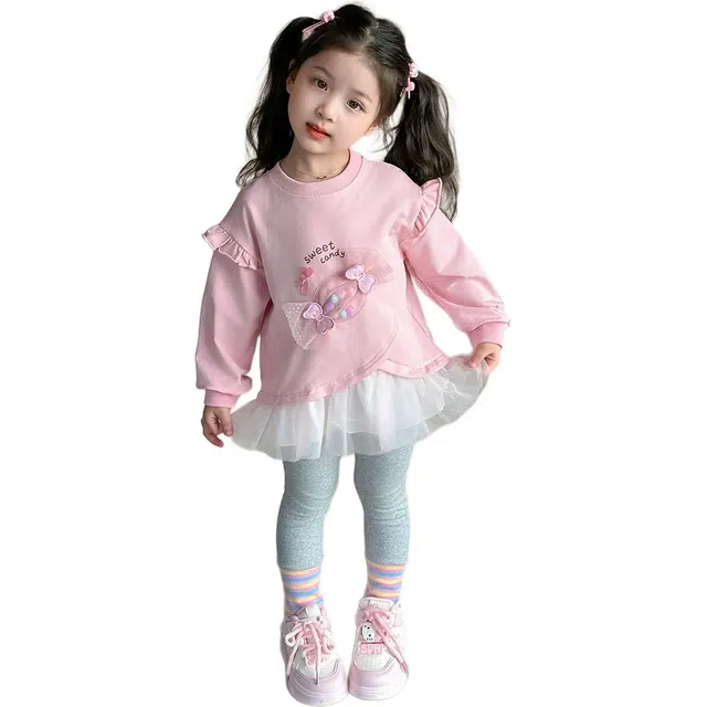 蓝彩何休闲运动套装 女童秋季卫衣装款儿童秋装女孩洋气上衣网纱裙两件套打底裤潮