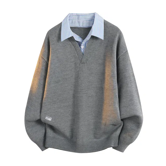 吾皇猫 美式高街潮牌学院风高级感假两件条纹设计宽松时尚痞帅百搭休闲舒适日常通勤长袖针织衫毛衣 男女同款