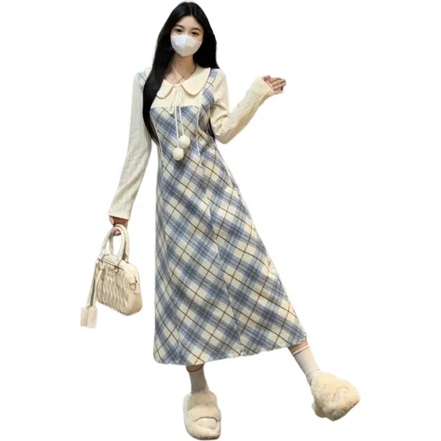 古莲菲 秋冬高级感气洋可爱法式假两件显瘦减龄气质格纹针织拼接娃娃领裙子长袖连衣裙 女款