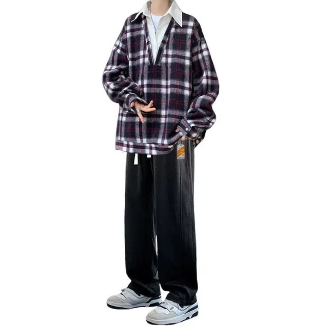 北欧攻略 秋冬美式学院风衬衫领拼接假两件卫衣痞帅直筒卫裤免搭一套慵懒风时髦青少年休闲运动套装  男女同款