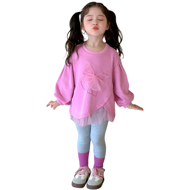 蓝彩何休闲运动套装 女童秋季卫衣装儿童秋装女孩洋气上衣网纱裙两件套打底裤潮