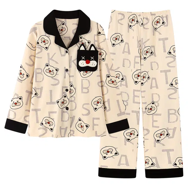 俏霓桐 秋冬季可爱搞怪卡通双口袋甜美保暖德绒蓄温开衫翻领长袖长裤家居服可外穿睡衣套装 女款