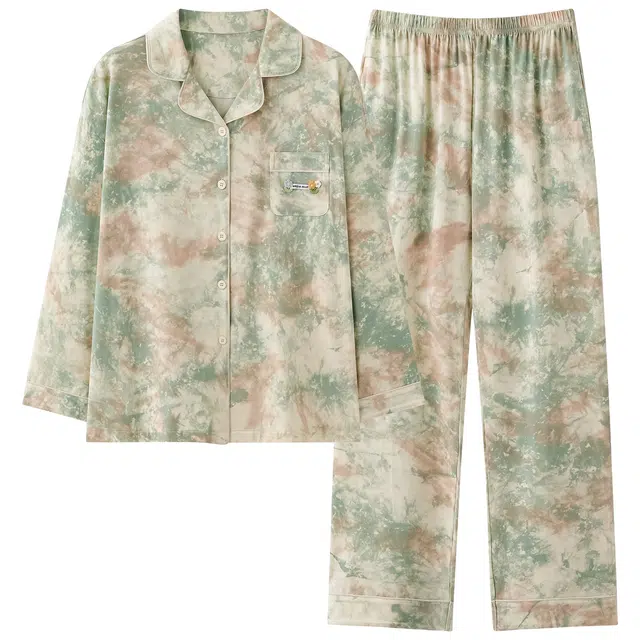 俏霓桐 时尚高级感翻领纯棉亲肤清新简约舒适休闲长袖长裤家居服可外穿睡衣套装 女款