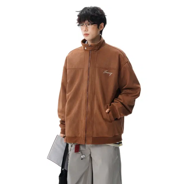 加荣 美式复古麂皮绒立领夹克男加肥加大码痞帅上衣服男款秋季重磅高街情侣衫休闲百搭高级感飞行男潮流时尚外套 男女同款