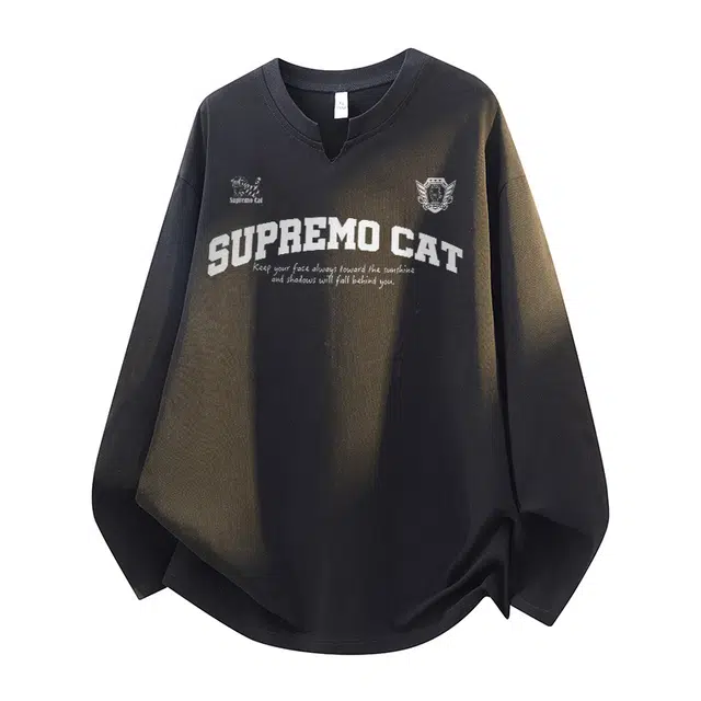 吾皇猫 美式复古潮流字母图案印花休闲宽松内衬长袖打底衣 男女同款