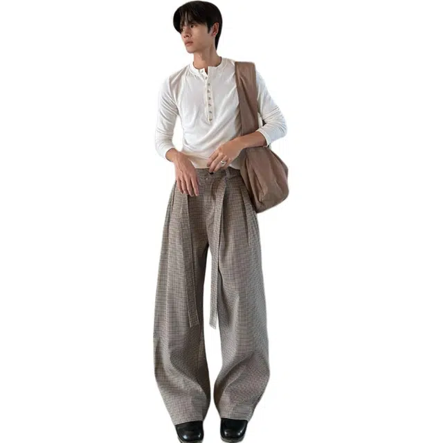 拓菲 高智感老钱风宽松阔腿裤绑带通勤复古格子百搭长裤休闲裤 男女同款